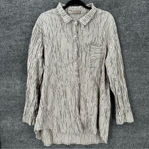 Cut Loose Blouse Womens‎ Large Button Up Textured Lagenlook Gray Black Stripes